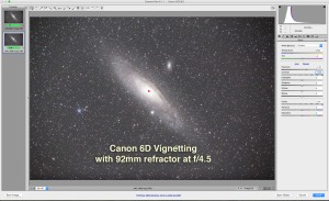 Demonstrating the level of vignetting and mirror-box shadowing with the Canon 6D on a TMB 92mm apo refractor with a 0,85x field flattener/reducer lens
