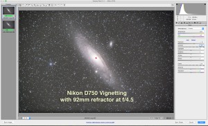 Demonstrating the level of vignetting and mirror-box shadowing with the Nikon D750 on a TMB 92mm apo refractor with a 0,85x field flattener/reducer lens