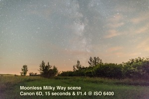 A typical Milky Way nightscape with the Canon 6D and Canon 24mm L lens (original model). With no Moon, shot at very high ISO of 6400 and wide aperture of f/1.4 to show image quality under these demanding shooting circumstances. Lens correction and basic development setttings applied.