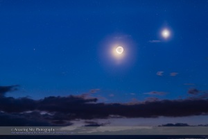 The waning crescent Moon near Venus (at right) and much dimmer reddish Mars (at left) in the pre-dawn sky of September 10, 2015. This is a high-dynamic range stack of 5 exposures to accommodate the large range in brightness between the sky and Moon, and to preserve the earthshine on the dark side of the Moon.  I shot this with the Canon 6D and 135mm lens at f/2 and at ISO 800 in a set of 8, 4, 2, 1 and 0.5-second exposures, blended with HDR Pro in Photoshop using 32 bit mode of Camera Raw.