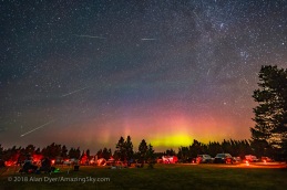The Perseid meteor shower over the Saskatchewan Summer Star Party, on August 10, 2018, with an aurora as a bonus. The view is looking north with Polaris at top centre, and the Big Dipper at lower left. The radiant point in Perseus is at upper right. The sky also has bands of green airglow, which was more prominent in images taken earlier before the short-lived aurora kicked up. The aurora was not obvious to the naked eye. However, the northern sky was bright all night with the airglow and faint aurora. This is a composite of 10 images, one for the base sky with the aurora and two faint Perseids, and 9 other images, each with Perseids taken over a 3.3 hour period, being the best 9 frames with meteors out of 360. Each exposure was 30 seconds at f/2 with the 15mm Laoawa lens and Sony a7III at ISO 4000. I rotated all the additional meteor image frames around Polaris to align the frames to the base sky image, so that the added meteors appear in the sky in the correct place with respect to the background stars, retaining the proper perspective of the radiant point.