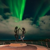 The Northern Lights over the “United in Celebration” sculpture at the Somba K’e Civic Plaza on Frame Lake in downtown Yellowknife, NWT, on September 14, 2018. The Prince of Wales Museum is at far right. This is a stack of 5 images for the ground to smooth noise and one image for the sky, all 6 seconds at f/2 with the 15mm Laoawa lens and Sony a7III at ISO 400.