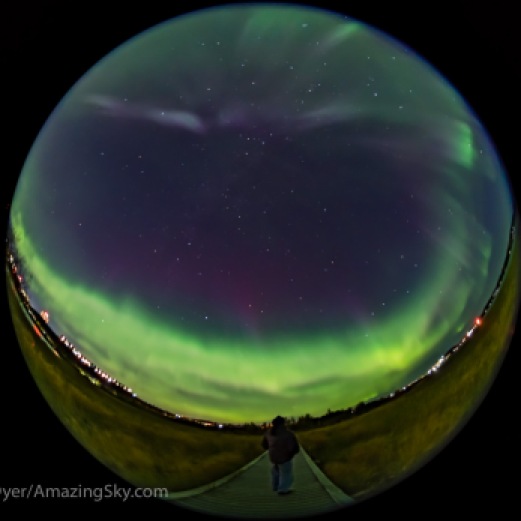 A selfie portrait under an all-sky display of Northern Lights in the city of Yellowknife, from the boardwalk at Rotary Park. This was on the night of Sept. 10/11, 2018 during a major solar storm, but in the subsiding hours after the sky cleared at about 2 am. The Big Dipper is at right. The Summer Triangle is at left. Cassiopeia is at the zenith. The view is looking northwest at centre. This is a mean stack of 6 exposures smoothed to reduce noise for the ground and one exposure for the sky and me, all 6 seconds at f/3.5 with the Sigma 8mm lens and Sony a7III at ISO 3200. The focus is soft.