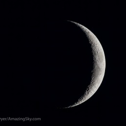 The 4-day-old waxing crescent Moon on April 8, 2019 exposed for just the bright sunlit crescent, revealing details along the terminator. This is with the 105mm Traveler refractor and 2X AP Barlow lens for an effective focal length of 1200mm at f/12, and with the cropped-frame Canon 60Da at ISO 400, for a single exposure of 1/60 second. This is not a stack or mosaic.