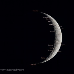 The 4-day-old waxing crescent Moon on April 8, 2019 exposed for just the bright sunlit crescent, revealing details along the terminator. This is with the 105mm Traveler refractor and 2X AP Barlow lens for an effective focal length of 1200mm at f/12, and with the cropped-frame Canon 60Da at ISO 400, for a single exposure of 1/60 second. This is not a stack or mosaic.